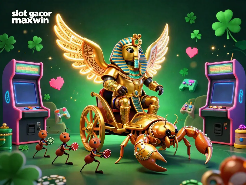 Experience 'slot gacor maxwin' in a vibrant casino scene with a animated golden scarab beetle and game elements.