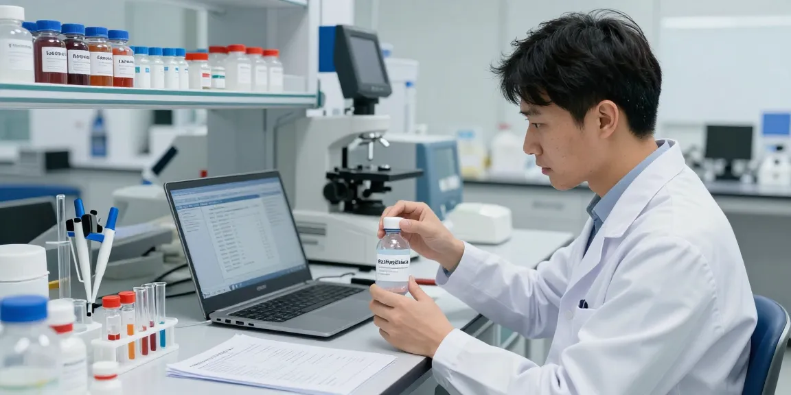 KoiPeptides researcher analyzing the Klow Peptide Stack in a laboratory setting with detailed equipment.