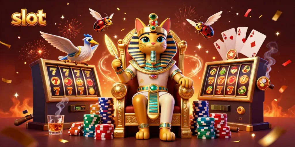Slot mesin yang menggiurkan dengan simbol buah dan 7 keberuntungan bersama karakter imajinatif di kasino.