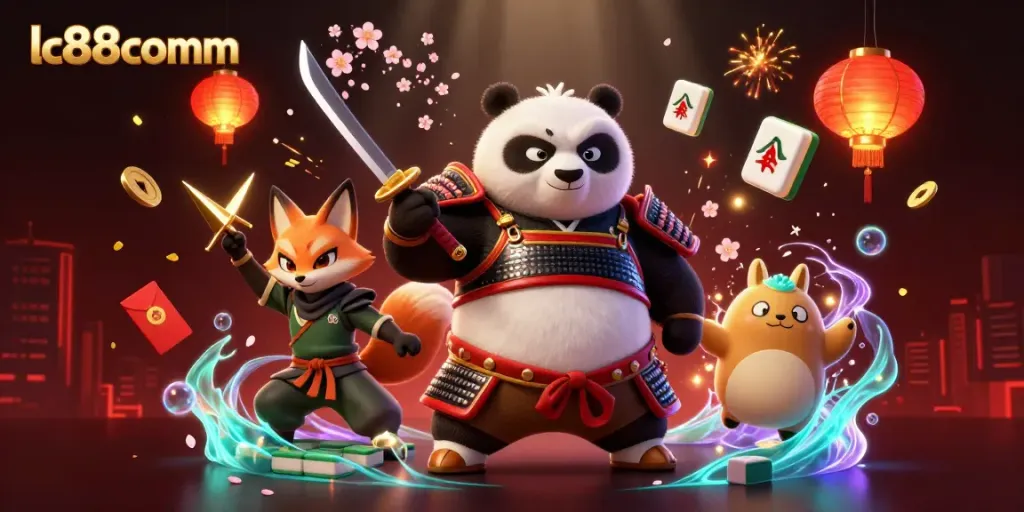 Engage with the thrilling LC88comm online casino showcasing dynamic characters and festive elements.