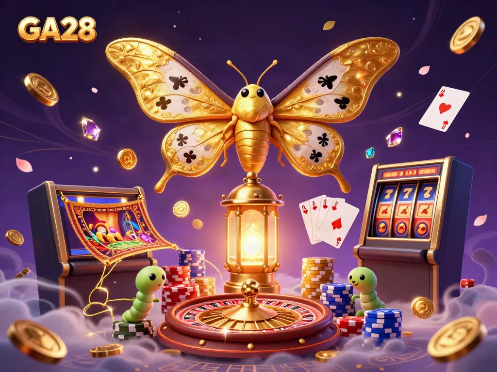 Experience GA28 with a vibrant, detailed casino scene featuring an atlas moth, playing cards, and dynamic gaming elements.