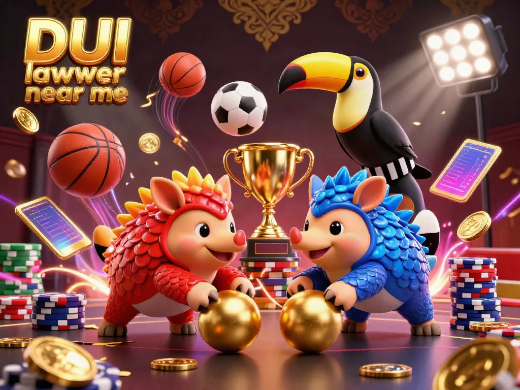 Dynamically illustrating DUI lawyer strategies, featuring pangolins rolling golden balls among poker chips.