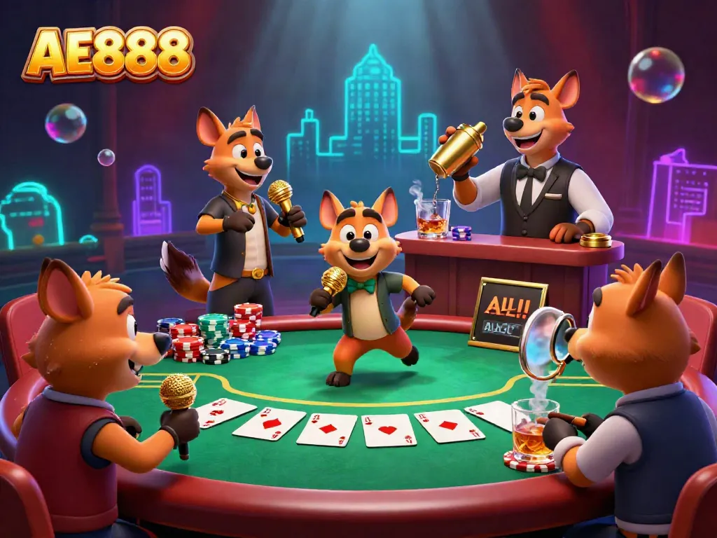 Experience the lively AE888 comedy casino atmosphere with hyenas as performers and guests, filled with vibrant details.