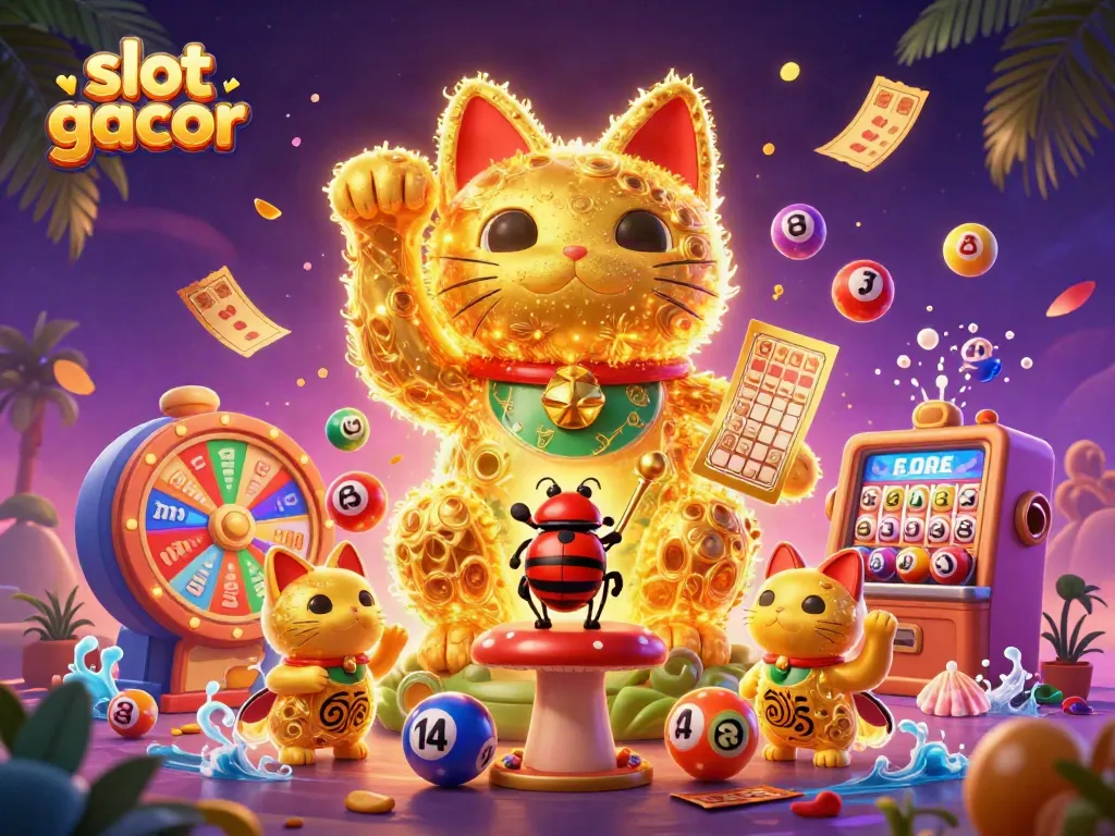 Menyaksikan slot gacor dengan kucing keberuntungan dan boneka konduktor dalam atmosfer kasino yang ceria.