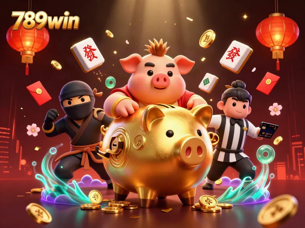 Engage with thrilling 789win casino action portrayed in a vibrant 3D illustration packed with characters and festive elements.