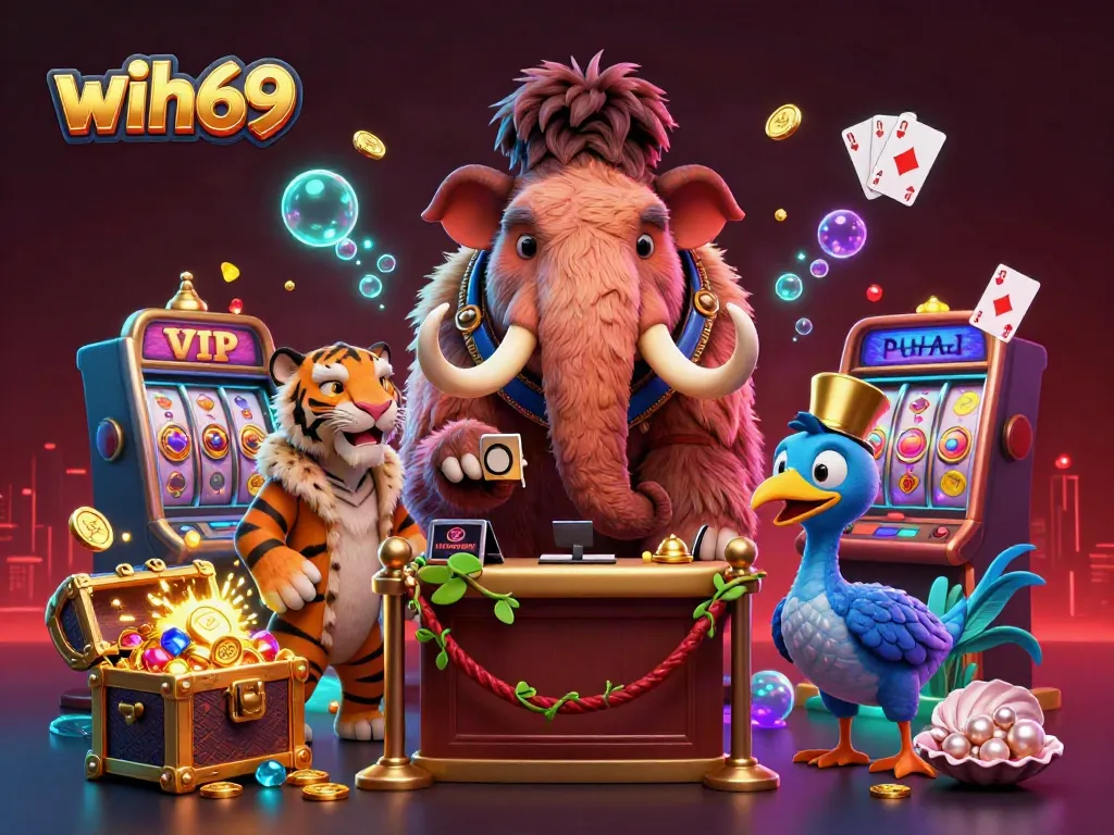 Ilustrasi 3D wih69 menampilkan mammoth kasino dan VIP saber-tooth, dikelilingi slot dan harta karun.