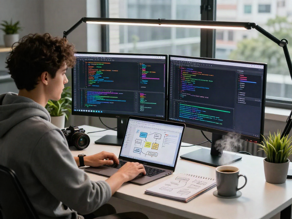 Engineer using crushon AI platform in a modern workspace with tech elements.