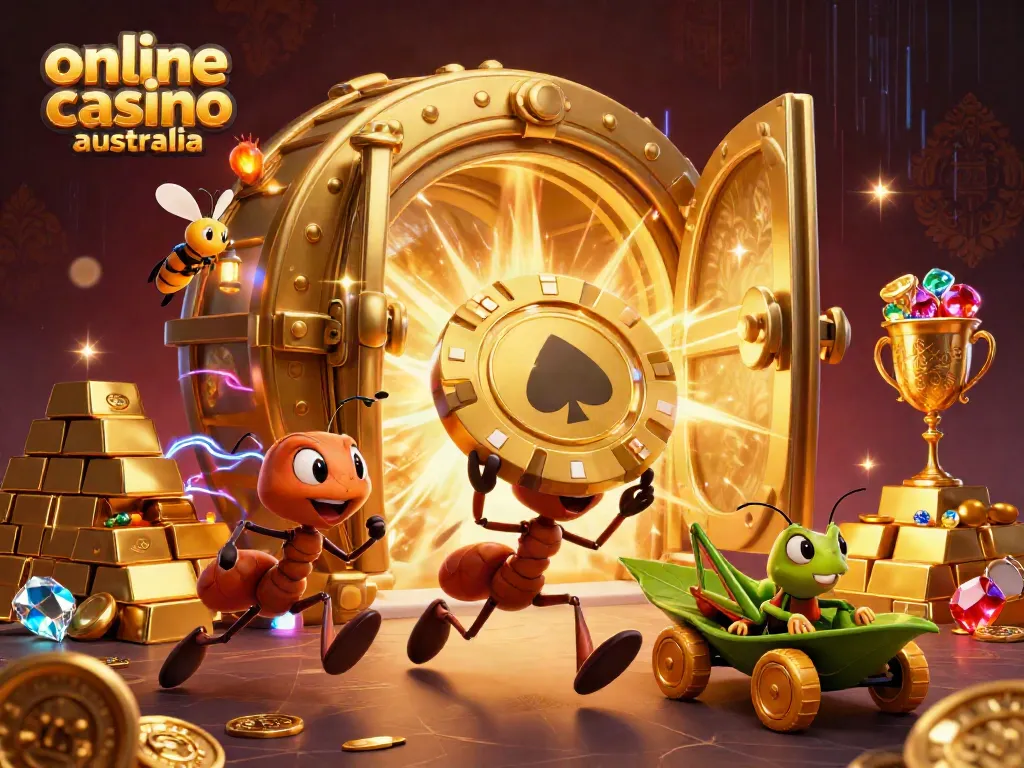 Exciting 3D scene with ants in an online casino australia heist carrying a giant poker chip illuminated by gold light.