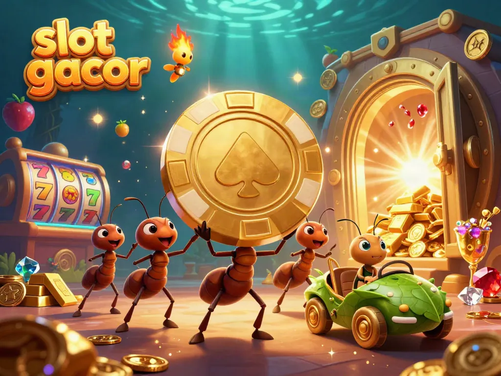 Menyaksikan slot gacor, tim semut membawa chip poker emas raksasa di dalam terowongan kasino dengan efek bersinar.