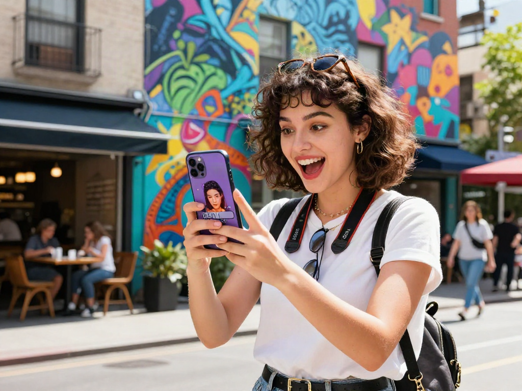 Young woman using a celebrity look alike app in an urban setting.