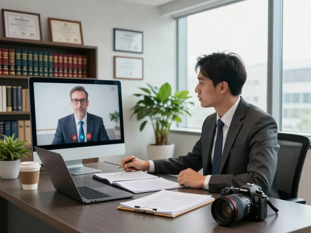 Lawyer consulting via video in modern office showcasing Lead Roedl's expertise