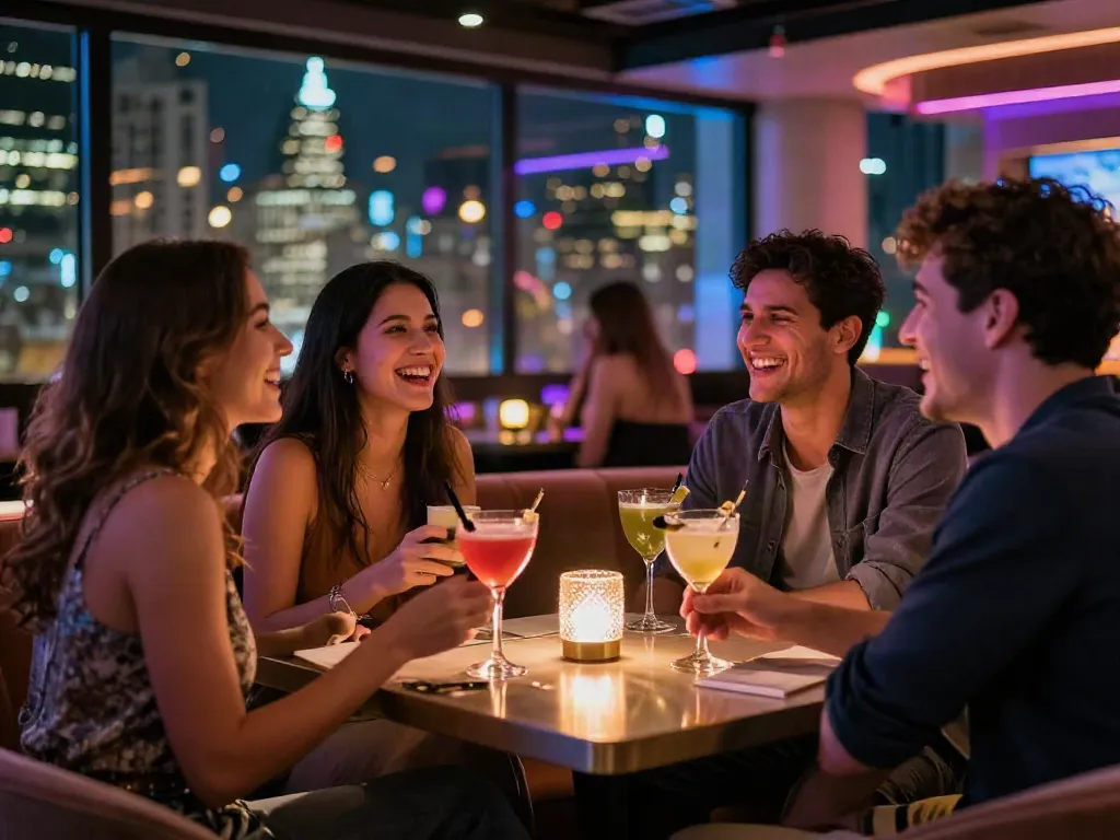 Lia Engel porn lifestyle scene showcasing urban nightlife excitement and social interactions.
