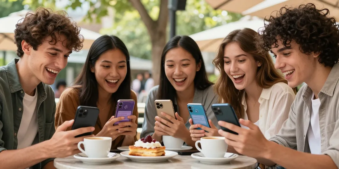 Group of friends engaging with the how old do I look app at a café, showcasing joy and curiosity.