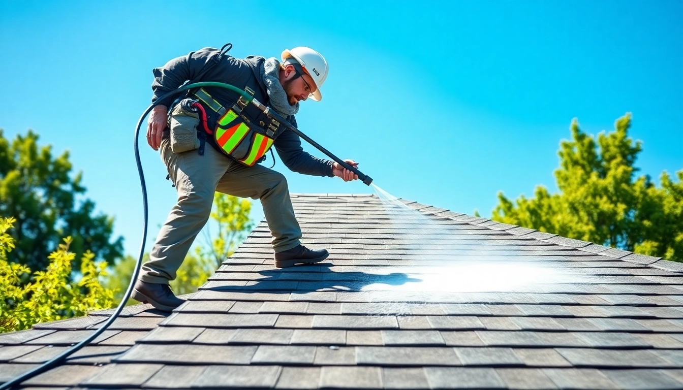 Roof Cleaning technician performing soft wash on a residential roof highlighting its cleanliness.