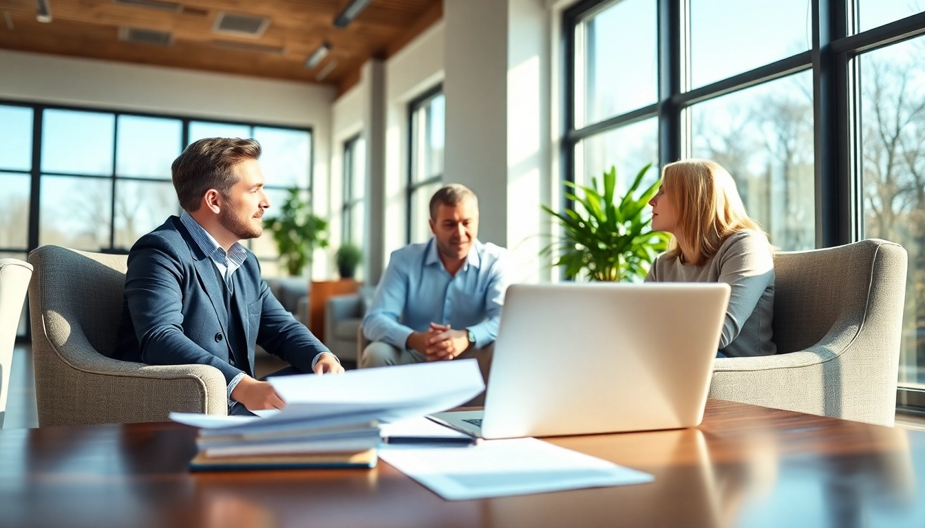 Engaging advisor providing title insurance services to clients in a professional setting.