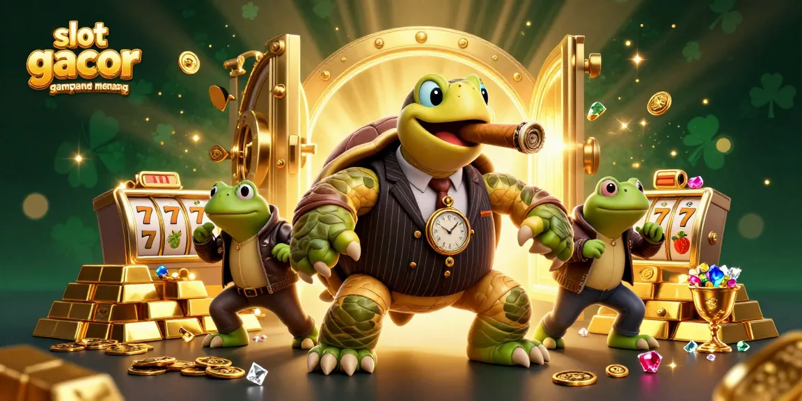 Spin and win with slot gacor gampang menang, featuring a vibrant 3D turtle mobster and sparkling casino elements.