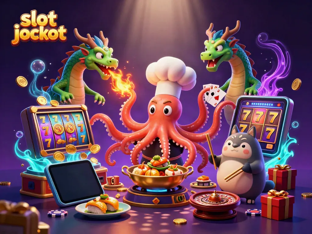 Experience the thrill of slot jackpot wins with an octopus chef, dragon, and tanuki in a vibrant casino scene.