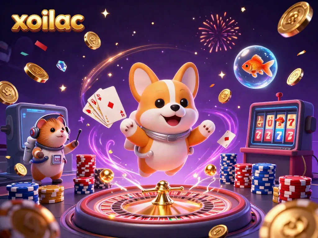 Experience vibrant excitement with xoilac in a dynamic 3D casino scene featuring floating corgi, coins, and roulette wheel