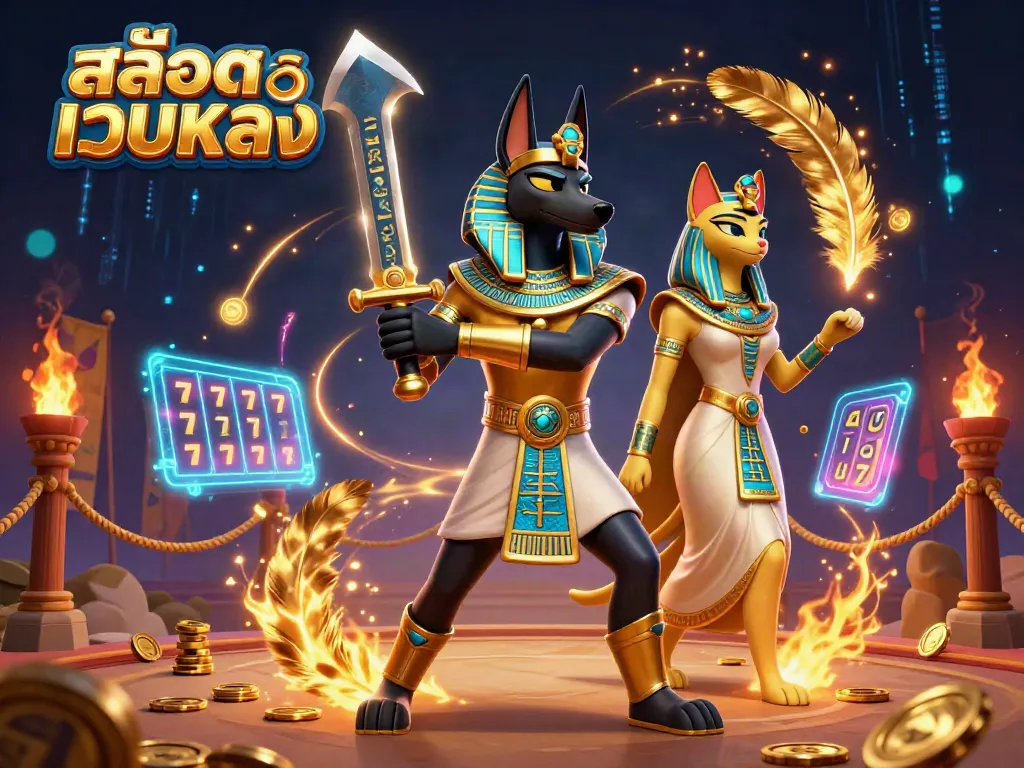 Experience the excitement of สล็อตเว็บตรง with Anubis and Bastet in a dynamic 3D casino scene filled with slot reels and gold.