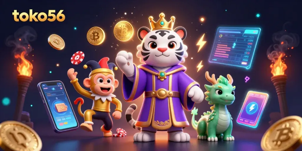 Toko56 menghadirkan ilustrasi kasino 3D penuh warna dengan macan putih dan monyet emas.
