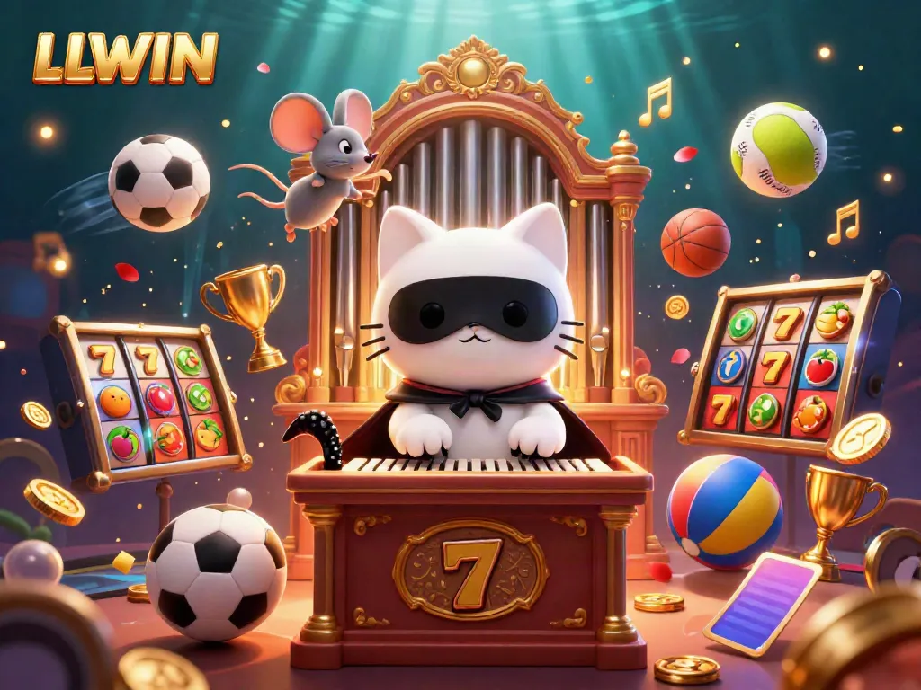 Experience the vibrant LLWIN casino scene with a casino cat at the organ, fruit slots, and dynamic sports elements.