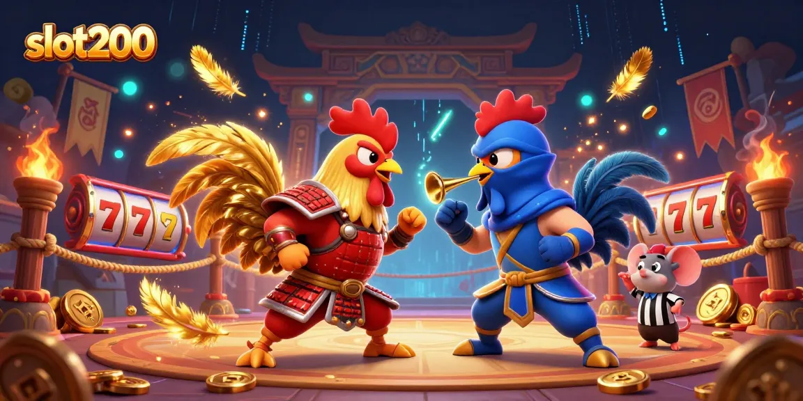 Engage in exhilarating action with slot200 in this vibrant scene featuring duel roosters and golden gaming symbols.