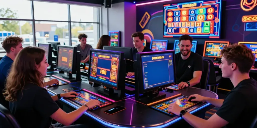 Exciting สล็อตเว็บตรง gaming scene with friends at a modern casino table.