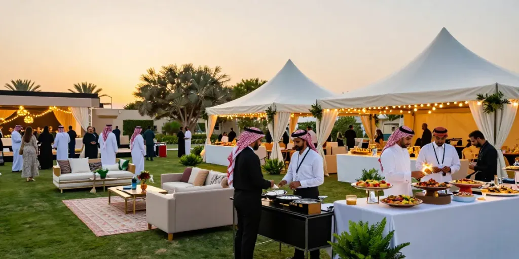 Event rental KSA showcasing elegant tent setup, professional coordination, and luxurious atmosphere.