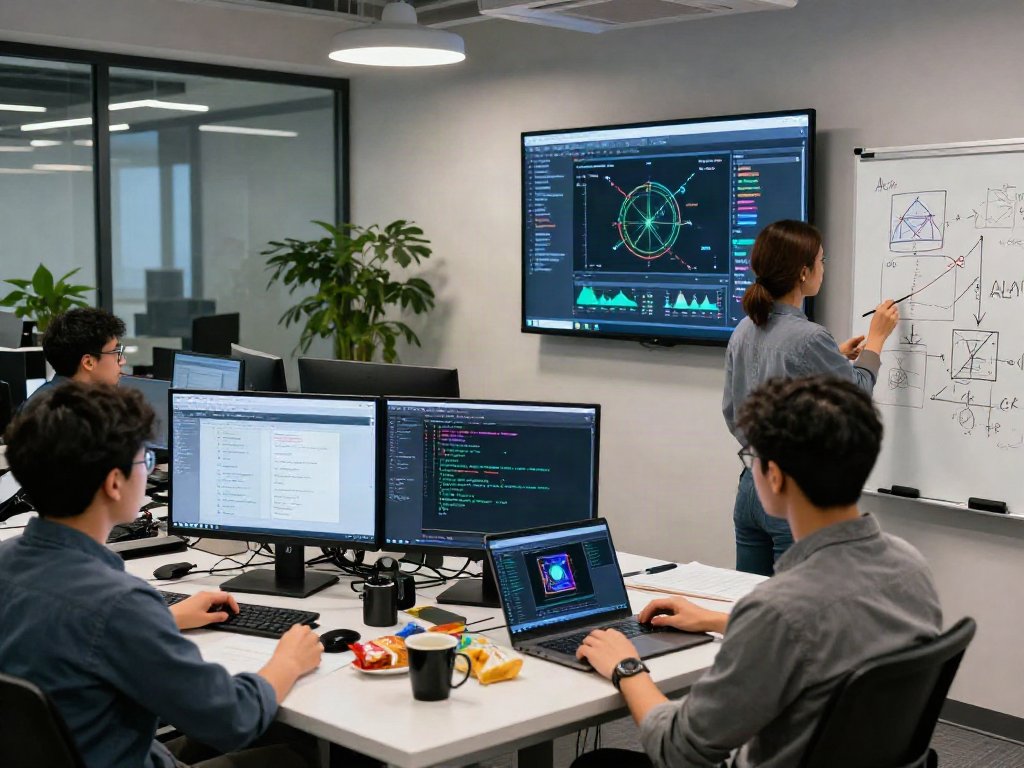 AI-Generated Image Detection technology team analyzing data in a modern lab.