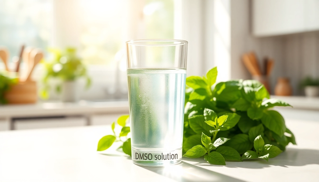Discover the health benefits of drinking dmso with a refreshing glass of solution surrounded by herbs.