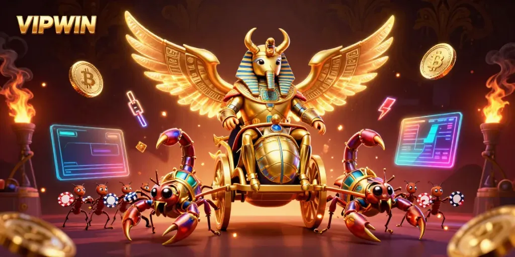 Experience vibrant gambling action at VIPWIN with dynamic characters and crypto-themed elements.