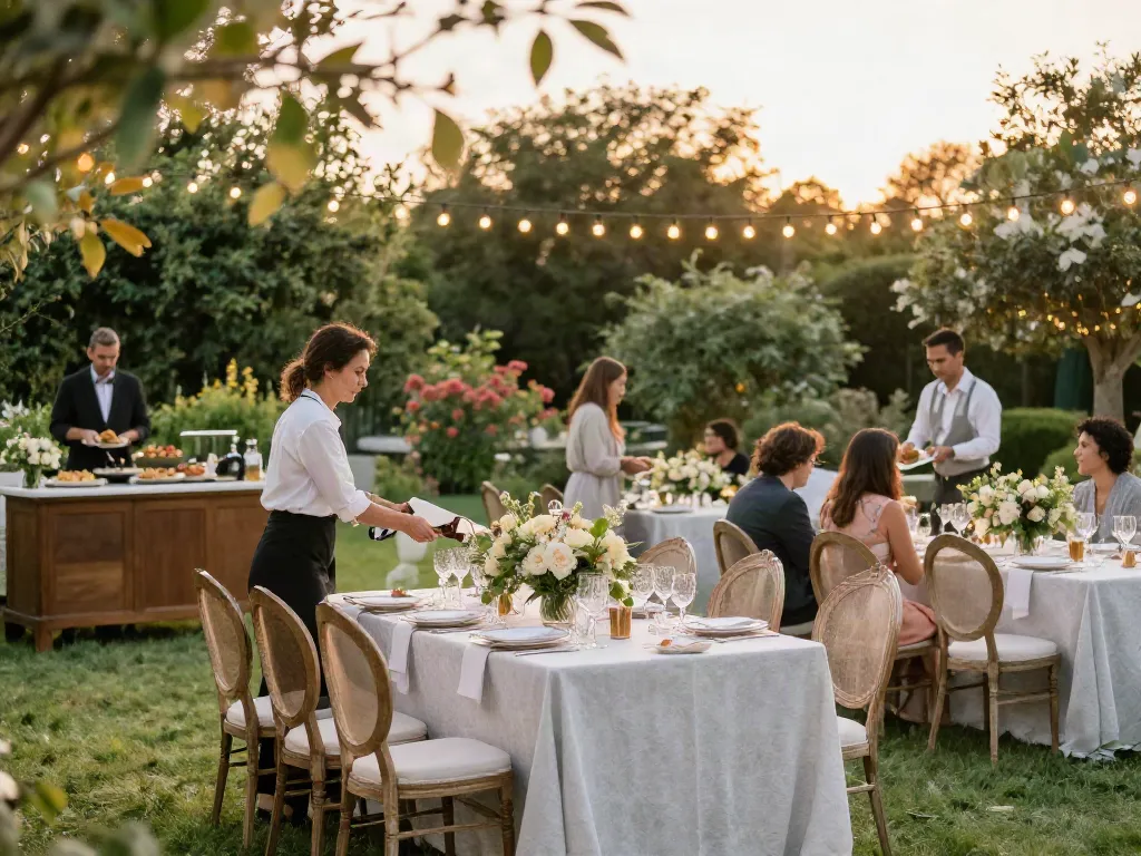 Event rental ksa setup showcasing elegant outdoor dining with fresh flowers and string lights in a beautiful garden.