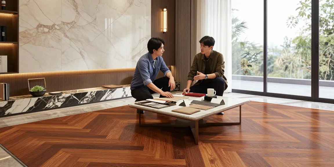 Luxury interior design showcasing NAGA2000 premium flooring options with a designer and homeowner discussing choices in an elegant space.