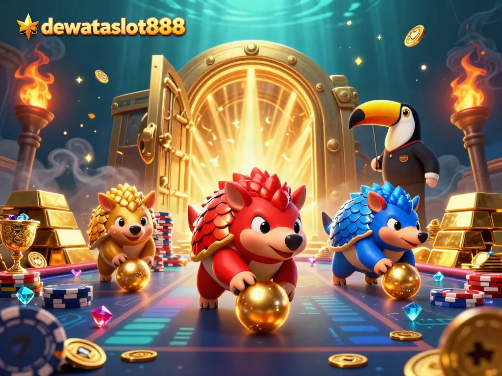 Permainan seru di dewataslot888, pangolin bertarung dalam slot menggulingkan koin emas.