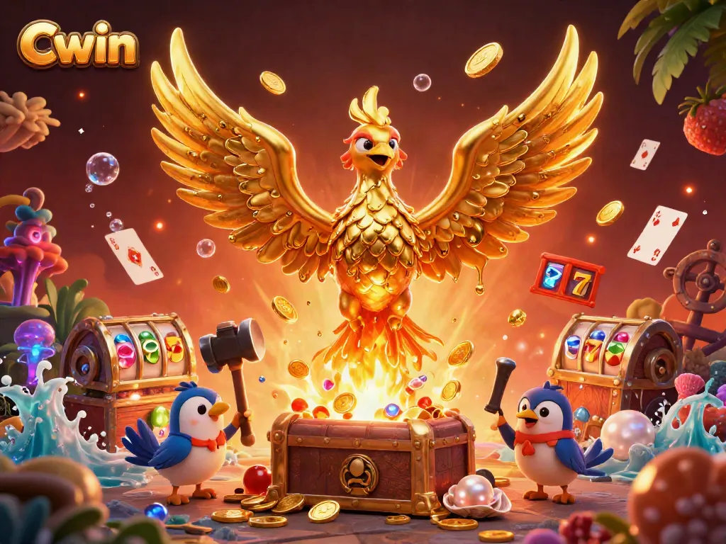 Cwin captivates with a golden phoenix and symbols of fortune in this vibrant casino scene.