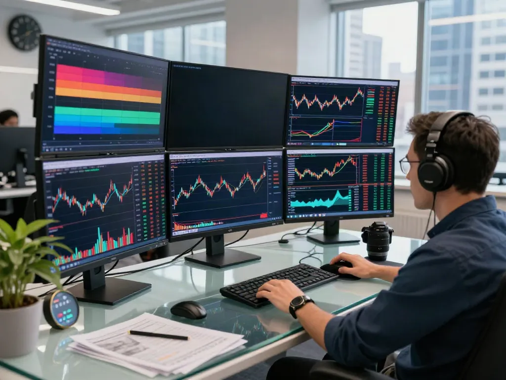 Trader analyzing real-time TradingView charts on multiple screens in a dynamic modern workspace.