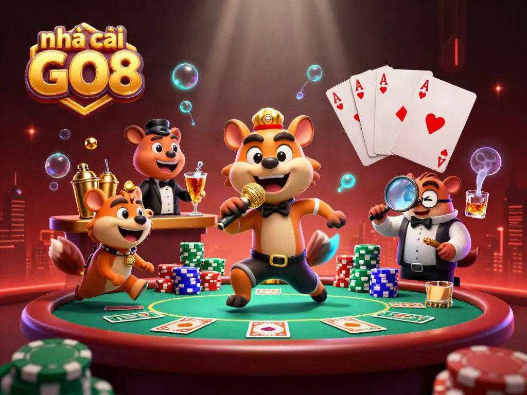 Engaging scene featuring nhà cái GO8 with hyena characters in a vibrant casino setting.