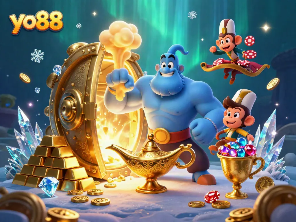 Engage with excitement at yo88 as a genie emerges, revealing casino treasures in a vibrant, magical scene.