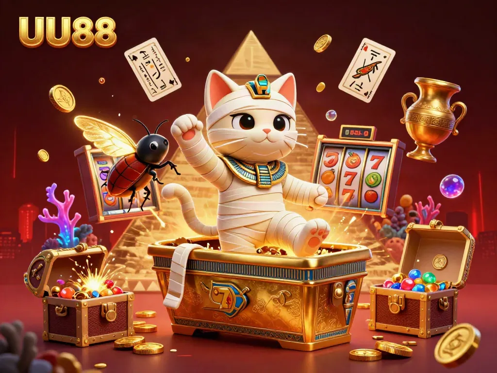 Experience UU88 with a vibrant cartoon Egyptian mummy cat and a golden sarcophagus in an energetic casino scene.