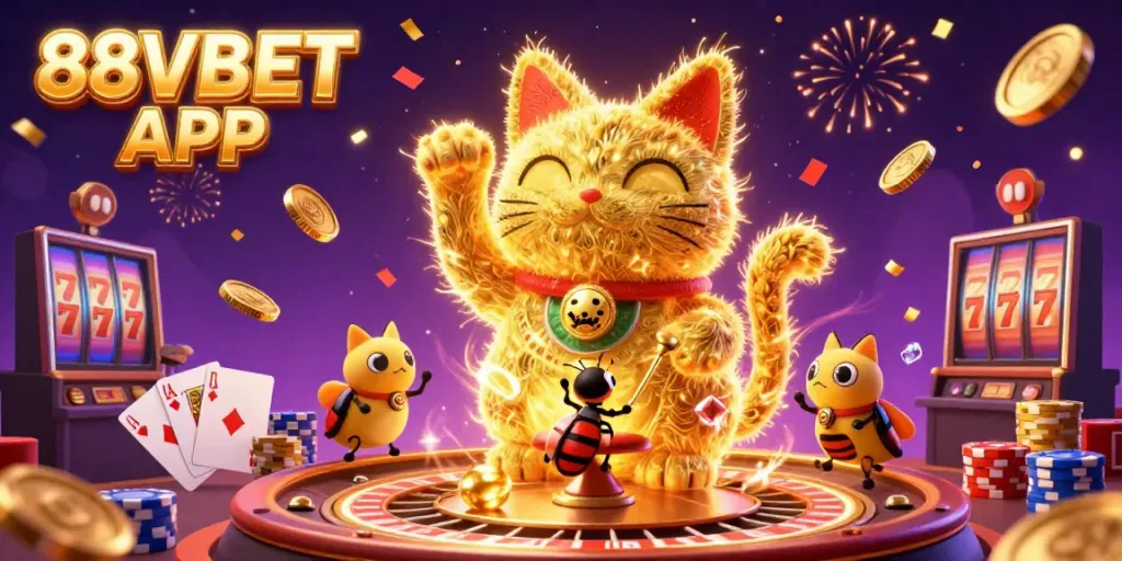 Experience the excitement with 88VBET APP showcasing a lively casino scene with a giant lucky cat and golden fireflies.