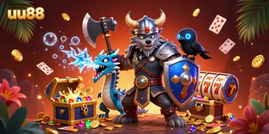 Engage with the vibrant uu88 casino experience featuring a Viking warrior and dynamic game elements.