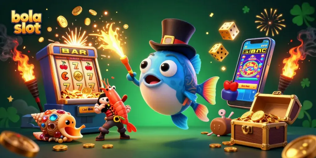 Experience the thrill of bola slot with a vibrant 3D illustration featuring energetic characters and dynamic casino elements.