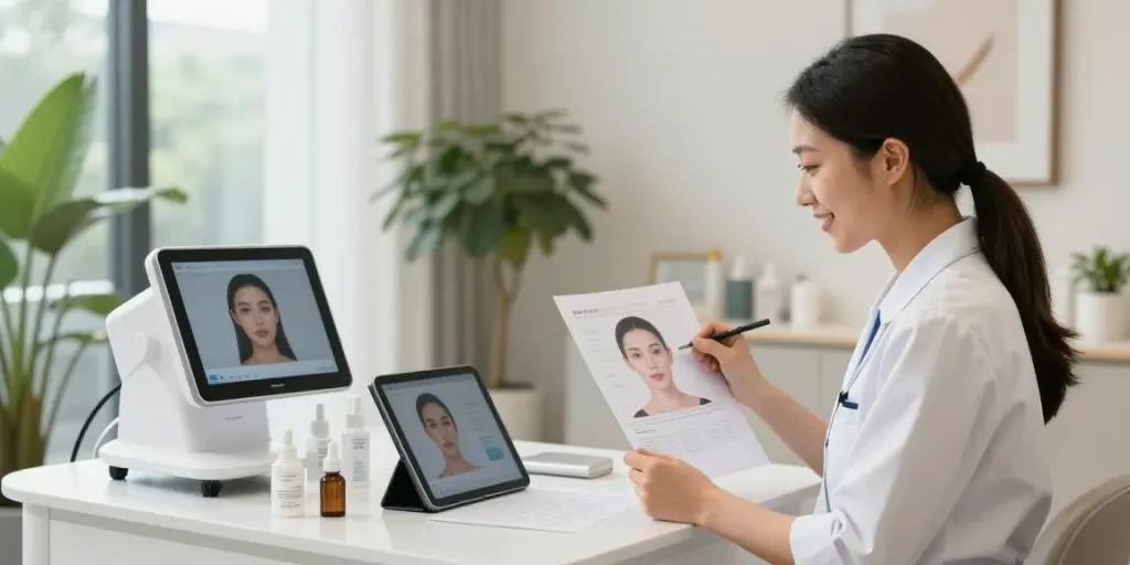 Engaging beauty analysis consultation showcasing Alternatives to QOVES in a modern clinic.