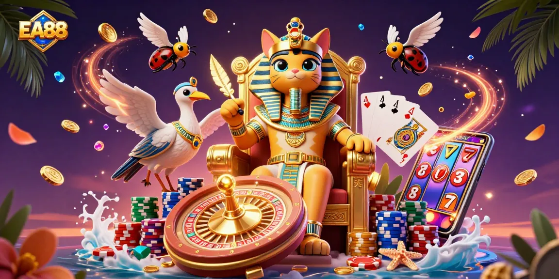 Engage in thrilling wins at EA88 with vibrant casino elements, featuring dynamic characters and golden treasures.