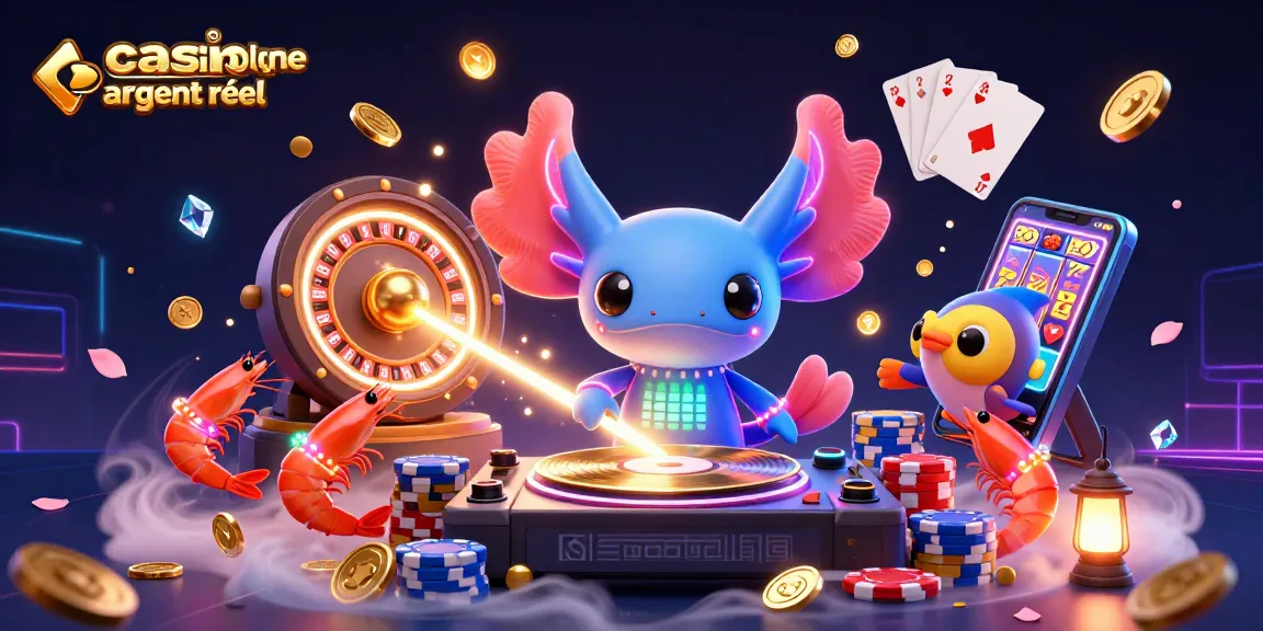 Illustre un casino en ligne argent réel avec un DJ axolotl vibrant et des jeux de casino dynamiques.