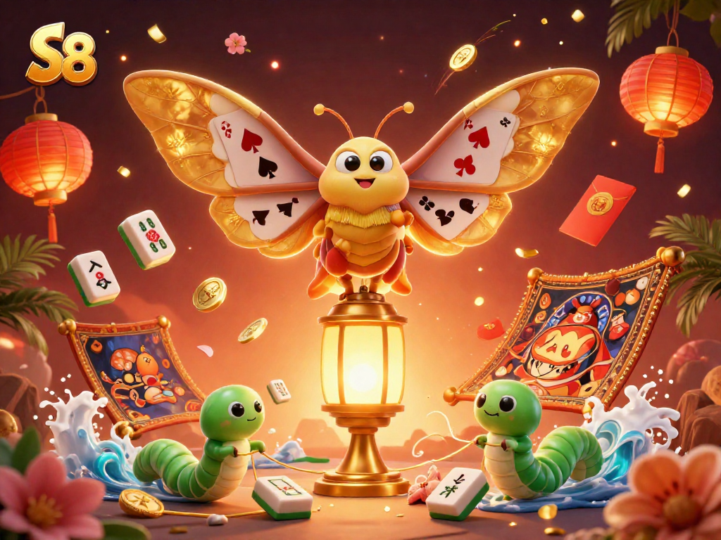 S8 engages players with a vibrant casino scene featuring golden wings, lucky symbols, and dynamic gaming elements.