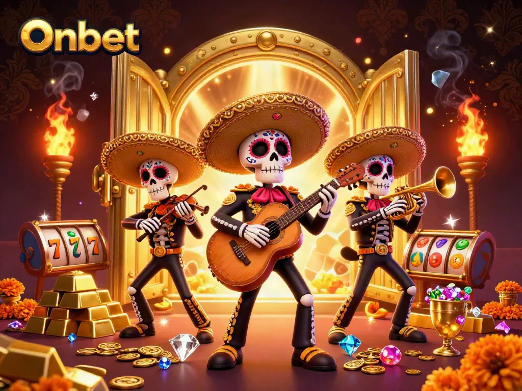 Experience Onbet with a vibrant Dia de los Muertos mariachi band amidst colorful casino themes.