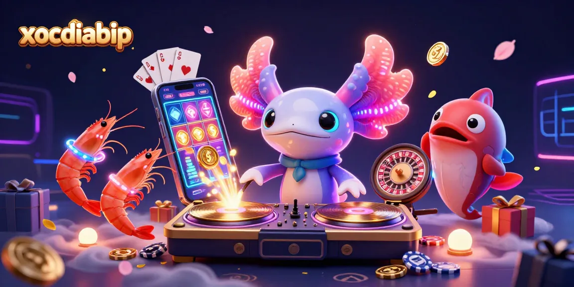 xocdiabip showcases a vibrant 3D illustration of a casino scene with a DJ axolotl and engaging characters.