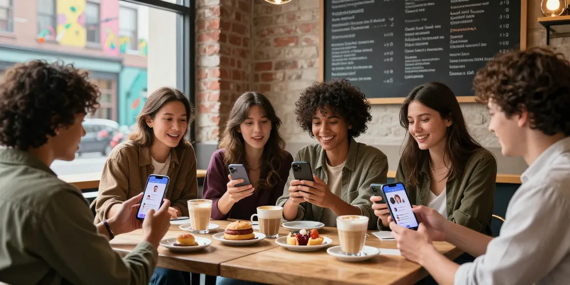 Group testing attractiveness through a smartphone app in a trendy cafe, highlighting personal beauty exploration in urban culture.