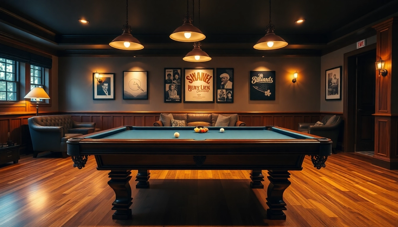 Buy Pool Tables showcased in a refined game room, featuring warm lighting and elegant design elements.
